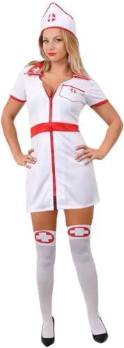 ADULT NURSE COSTUME - SMALL - LADIES WHITE & RED SEXY NURSE DRESS WITH MATCHING HAT - PERFECT FOR FANCY DRESS PARTIES AND HALLOWEEN FANCY DRESS