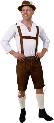 Mens Bavarian Costume - Small - Brown Lederhosen Style Trousers with traditional White shirt - Oktoberfest Fancy Dress