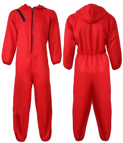 ADULTS UNISEX BANK ROBBER FANCY DRESS COSTUME. RED JUMP SUIT WITH HOOD COSTUME. TV SHOW FANCY DRESS. SIZE: XX-LARGE