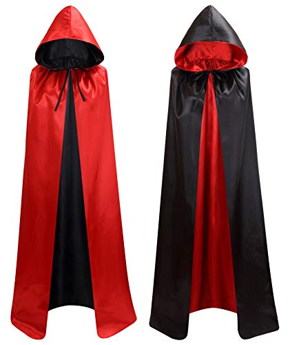 Unisex Reversible Hooded Cloak Cape (Black+Red, Small)