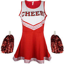 Load image into Gallery viewer, Girls Cheerleader Fancy Dress Outfit with Pom Poms Red (Small  6 - 8 size)
