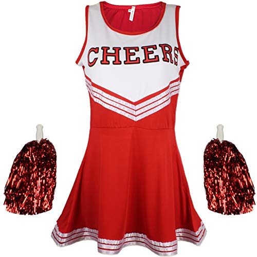 Girls Cheerleader Fancy Dress Outfit with Pom Poms Red (Small  6 - 8 size)